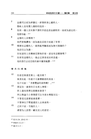 240                           基督教典外文獻    舊約篇   第五冊




7
        金錢可以成為絆腳石，絆倒財迷心竅的人。

        愚昧人容易墮入錢財的陷阱。
8       如果一個人沒有靠不潔的手段追逐金銀財吊，而成為富足的，

        他便有幅。           447

9
        這樣的人在哪裡?

        我們要稱讚他，因為他在百姓中成就了奇事。
10      哪裡有這樣的人，經得起考驗而成為無可指摘的?

        他該引以為傲。

        你知道有人有機會犯罪和作惡，卻沒有這樣做嗎?

11
        如果有這樣的人，他必定得享成功和昌盛。

        他的善行必在百姓的會中獲得稱讚。 448




餐桌的禮儀



12      你是否與達官貴人一起坐席?

        果真如此，你就不可貪戀眼前的美食，

        也不可說，.多麼豐富的食物啊          J 44 日

13
        要記住，貪婪的目光惹人憎惡。

        世上還有甚麼比眼睛更貪婪?

        所以無論大小事情都可以令淚水奪眶而出。

14      不要看見甚麼就拿甚麼，

        不要伸出于臂越過別人去拿食物。
15
        己所不欲，勿施於人;

        總要為人設想，顧及別人的感受。




447 伯 31 :24; 詩 62:10   0




叫林後 9:12 ， 13 。

449 鐵 23: 1-3   。
 