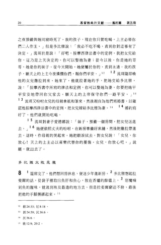20                              基督教典外文獻一一舊約篇       第五冊




之夜預備與她同寢時死了。我的孩子，現在你只管吃喝，上主必替你

們二人作主。」但是多比雅說                  I 我必不吃不喝，直到你對這事有了

決定。」流現於是說                  I 好吧，按摩西律法書中的定例，我把女兒給

你，這乃是上天決定的。你可以娶她為妻;從今以後，你是她的哥

哥，她是你的妹子。從今天開始，她便屬於你的，直到永遠。我的孩

子，願天上的上主今夜憐憫你們，賜你們平安。 J               52   1   2 流耳隨即喚
他的女見撒拉到來。她來了，他就拉著她的手，把她交給多比雅，

說       I 按摩西書中所寫的律法和定例，你可以娶她為妻。你要把她平

平安安地帶回你父家去 O 願天上的上帝保守你們一路平安。 J                       53

1    3 流王耳又吩咐女見的母親拿紙和筆來，然後親自為他們寫婚書，以確
認他按摩西律法書中的定例，把女見嫁給多比雅為妻。 54                     1 4 婚約寫

好了，他們就開始吃喝。

        1   5 流耳對妻子愛德娜說        I 妹子，預備一個房間，把女兒送進
去。」 l 6 她便依照丈夫的吩咐，在新房準備好床舖，然後把撒拉帶進
去。這時，作母親的哭起來。她把眼淚拭去，對女見說                        I 女兒，你

放心!天上的上主必以喜樂代替你的憂傷。女兒，你放心吧。」說

罷，就出去了。



多比雅太敗是魔



8       1 建席完了，他們想回房休息，便送少年進新房。 2 多比雅想起拉
斐爾的話，從袋子裡取出魚肝和魚心，放在香爐的餘燼上。 3 惡魔嗅
到魚的腥味，就逃到埃及最遠的地方去。但是拉斐爾窮追不捨，最後

把他的手腳惘綁起來。 Õ 5



52   創 24:33; 尼 8: 18 。

53   創 24:59; 民 36:6   0




54   民 36:6 。

已5   敢 12:9; 20:2 。
 