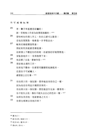 248                                    基督教典外文獻一一一舊約篇   第五冊




不可威嚇紅樓



25     草、鞭子和重擔是給驢的;

       餅、管教和工作是為奴僕而預備的。“ 4

26     要吩咐你的僕人作工，你自己便可以歇息;

       容他投閒置散，他會進一步爭取自由。

27     輒和皮條能馴服牲畜;

       刑杖和刑具能使惡僕低頭。

       如果僕人不聽從你的吩咐，你便要好好地管教他。
qLqL7J     且
 u
   n
     y
             要監督他作工，免得他閒下來。
       n
         u
       他若慣了安逸，便會作惡。 485

       要給他合適的工作，


       如果他不聽命，你便要用腳鑽把他鎖起來。

       但是你不可威嚇人，

       總要按公正行事。 486


31
       你如果只有一個奴隸，要待他如同待自己一樣，

       因為他是你用血汗錢買回來的。

       你如果只有一個奴隸，要把他當作兄弟一樣看待，

       你不能失去他，像你不能失去自己的性命一樣。 487

32     如果你苦待他，他便會逃之夭夭，
33
       你要往哪裡去找他回來?




484 矮 26:3   。

485 結 16: 峙，帖後 3: 11               。

486 利 25:43; 窺 29:        19   0




487 弗 6:9; 西 4:   1   0
 