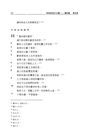 252                           基督教典外文獻   舊約篇   第五悶




          謙卑禁食又有甚麼效用? 5 日 2




守脅己去與獻學



35        l 聽命勝於獻祭，
          遵行律法勝於獻很多的祭。 503
2         聽從上主的誡命，就等於獻上平安祭。 5 日 4

3
          報恩好比獻了素祭。
4
          濟貧好比獻了感恩祭。
5         斷絕罪惡是上主所喜悅的;

          幌棄不義，就是為自己贖罪，除掉罪惡。 505

6         你不可空手朝見上主， 5 日 6

7         要按律法獻上各樣的祭。

8
          義人的祭能豐富祭壇;

          祭物所發出的馨香之氣，能直達至高者面前。 50 7

9
          上主悅納義人因信所獻的祭，

          他永不忘記他們的供物。 508

10        因此你不要在獻祭的事上吝苗。

          敬拜上主，要獻上于中一切初熟的土產。 50 日
11        不要作難，不要勉強，




5凹賽 58:3; 彼後 2:21     0




m 撒上 15 :泣。

間4 利 3:   1
505 但 4:27        。

叩6 出 23: 15 。

叩7 創 8:21         0




叩8 來 11: 4        。

叩9 鐵 3:9      0
 