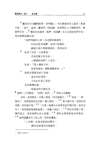 第四部分:卷一                     多比傳                        21




        4 撒拉的父母離開新房，把門關上。多比雅便從床上起來，對妻
子說           I 妹子，起來，讓我們一同祈禱，求我們的上主憐憫我們，賜

我們平安。」 5 撒拉於是起來，他們一同祈禱，求上主保佑他們平安 0
多比雅開始禱告說:

               「我們列祖的上帝，你是配得稱頌的，

                            你的名當受頌讚，直到千秋萬世。

                            願諸天和全地都頌揚你，直到永恆。

        6      你造了亞當，又造夏娃，

                            作他的幫手和支柱:

                            人類便從他們三人而生。

                你說Ii'那人獨居不好，

                            我要為他造一個配偶幫助他。dJ 56

         7      我現在要娶這妹于為妻，
                            並非出於情慾，

                            乃是出於真心真意。
                求你憐憫我倆，

                            祝福我們白頭到老。」

8 他們二人同聲說                     I 阿們。阿們。」 9 然後上床睡覺。
         這時，流閉起來，叫僕人與他一同去掘墓穴。 1 0 他說                 I 萬一
他死了，我們就會成為笑柄，遭人嘲弄。」 11 墓穴掘好後，流現回到
屋裡，吩咐妻子說. 1 2 I 打發一個牌女去看看他是否還活著。他若是
死了，我們就暗地裡把他埋了，別讓人知道。」 13 牌女於是點了燈，
開門進去，看見他們在床上熟睡                          1 4 便回去稟報說他安然無墓。
1 5 他們便讚美天上的上帝，流耳祈禱說:

                「上帝啊，你當受純真的讚美;

                            願你所揀選的民稱謝你。


5ó   宜。 2:7 ， 18 ， 22   0
 