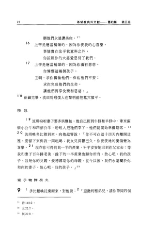 22                                   基督教典外文獻一一一舊約篇   第五冊




                         願他們永遠讚美你。 57

       16              上帝是應當稱頌的，因為你使我的心喜樂 o
                         事情實在出乎我意料之外，

                         你按照你的大慈愛恩待了我們。
        17             上帝是應當稱頌的，因為你滿有慈悲，
                         你憐憫這兩個孩子。

                       主啊，求你憐恤他們，保佑他們平安;

                         求你完成他們的生命，

                         讓他們得享快樂和恩慈。」

1    8 祈禱完畢，流現吩咐僕人在黎明前把墓穴填平。


措踅




        19     流現吩咐妻子要多烘麵包;他自己則到牛群和羊群中，牽來兩
頭小公牛和四頭公羊，吩咐人把牠們宰了。他們就開始準備建席。 5 8

2 0 流現喚多比雅到來，向他起誓說                      I 你不可在這十四天內離開這
裡'要留下來與我一同吃喝;我女見抑鬱已久，你要使她的憂傷變為

喜樂。 2 1 現在你可得到我一半的產業，平平安安地回到你父家去;等
我和妻于百年歸老後，餘下的一半產業也歸你所有。放心吧，我的孩

子。我是你的父親，愛德娜是你的母親。從今以後，我們永遠屬於你

和你的妻子。放心吧，我的孩子。 J 5 日



銀子物歸原主



9       1 多比雅喚拉斐爾來，對他說. 2 I 亞撒利雅弟兄，請你帶同四個


57   詩 148:2       0




58   太 22:2    0




59   民 27:8 。
 