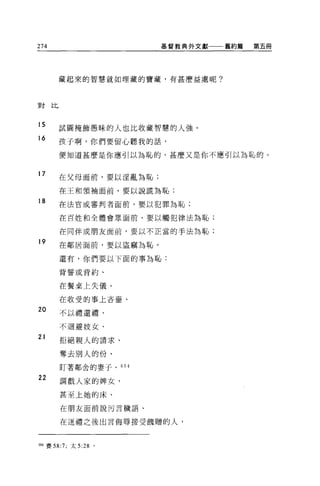 274                         基督教典外文獻   舊約篇   第五冊




         藏起來的智慧就如埋藏的寶藏，有甚麼益處呢?



室主     上匕



1 5-        試圖掩飾愚昧的人也比收藏智慧的人強。
16          孩子啊，你們要留心聽我的話，

            便知道甚麼是你應引以為恥的，甚麼又是你不應引以為恥的。


17
            在父母面前，要以淫亂為恥:

            在王和讀袖面前，要以說謊 7萬恥;

18          在法官或審判者面前，要以犯罪為恥;

            在百姓和全體會眾面前，要以觸犯律法為恥;

            在同伴或朋友面前，要以不正當的手法為恥;

19          在鄰居面前，要以盜竊~恥。

            還有，你們要以下面的事為恥:

            背誓或背約、


            在餐桌上失儀、

            在收受的事上吝晉、

20          不以禮還禮、

            不迴避妓女、
21
            拒絕親人的請求、

            奪去別人的份、

            盯著鄰舍的妻子、 604

22          調戲人家的牌女，

            甚至上她的床、

            在朋友面前說污言穢語、


            在送禮之後出言侮辱接受蝕贈的人，



開4 賽 58:7; 太 5:28 。
 