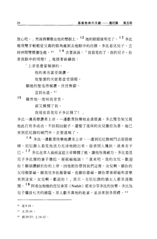 26                                     基督教典外文獻一一舊約篇   第五冊




放心吧。」然後將藥敷在他的雙眼上                       12 他的眼睛就明亮了。 1 3 多比
雅用雙手輕輕從父親的眼角處剝去他眼中的白膜。多比看見兒子，立

時伸開雙臂摟住他，“                    1 4 含著淚說，.我看見你了，我的兒子 O 你

是我眼中的明燈!                   J 他接著祈禱說:

        「上帝是應當稱頌的，

                 他的美名當受頌讚，

                 他聖潔的天使都當受頌揚。

        願他的聖名得稱讚，世世無窮，

                 直到永遠。 67


15      雖然他一度叫我受苦，
                 卻又憐憫了我。

                 我現在看見兒子多此雅了!           J

多比一邊高聲讚美上帝，一邊歡喜快樂地走進屋里。多比雅告知父親

他此行有多成功，不但取回銀子，還娶了流間的女兒撒拉為妻。她己

來到尼尼微的城門外，正要進城了。

        1   6 多比一邊歡喜快樂地讀美上帝，一邊到尼尼微城門去迎接媳
婦。尼尼微人看見他活力充沛地跑出來，毋須別人揖扶，就希奇不

已。 1 7 多比在眾人面前宣認上帝憐憫了他，讓他恢復視力 0 多比看見
兒子多比雅的妻子撒拉，便祝福她說，.進來吧，我的女兒。歡迎

你!願頌讚歸於你的上帝，因他把你帶到我們這裡 o 女見啊，願你的

父母親蒙福，願我兒多比雅蒙福，也願你蒙福。願你帶著祝福和喜樂

來到這家。女兒啊，歡迎你! J 那天，全尼尼微的猶太人都笑逐顏

開。 18 阿希加和他的佳兒拿答 (Nadab) 都來分享多比的快樂。多比為
兒子擺設七天的婚霆，眾人歡天喜地的赴宴，並送來很多賀禮。 6                          8




66   徒 9: 18 。

67   太 25:31 。

68   創 29:27; 士 14: 12 。
 