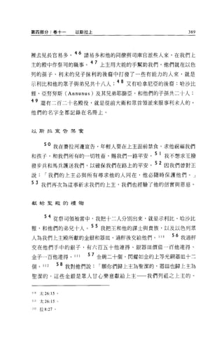 第四部分:卷+一             以斯拉上                      389



裡去見長官易多              46 請易多不日他的同僚與司庫官派些人來，在我們上
主的殿中作祭司的職事。 47 上主用大能的手幫助我們，他們就在以色
列的孫于、利末的兒子抹利的後裔中打發了一些有能力的人來，就是

示利比和他的眾子與弟兄共十八人 ;48 又有哈拿尼亞的後裔:哈沙比
雅、亞努努斯 (Annunus) 及其兄弟耶篩亞，和他們的子孫共二十人;

49 還有二百二十名殷役，就是從前大衛和眾首領派來服事利末人的 O
他們的名字全都記錄在名冊上。



以斯拉宣告禁食




        50 我在賽拉河邊宣告，年輕人要在上主面前禁食，求他祝福我們
和孩子，和我們所有的一切牲畜，賜我們一路平安。 5 1 我不想求王撥
發步兵和馬兵護送我們，以確保我們在路上的平安                 5 2 因我們曾對王
說       í 我們的上主必與所有尋求他的人同在，他必隨時保護他們。」

53 我們再次為這事祈求我們的上主，我們也經驗了他的信實與恩慈。


獻給里殿的禮物



        54 從祭司領袖當中，我把十二人分別出來，就是示利比、哈沙比
雅，和他們的弟兄十人。 55 我把王和他的謀士與貴族，以及以色列眾
人為我們上主殿所獻的金銀和器血，過秤後交給他們。 110               56 我過秤
交在他們于中的銀子，有六百五十他連得、銀器血價值一百他連得、

金子一百他連得、 111            57 金碗二十個、閃耀如金的上等光銅器血十三
個。 112           58 我對他們說   í 願你們歸上主為聖潔的，器且也歸上主為
聖潔的。這些金銀是眾人甘心樂意獻給上主                  我們列祖之上主的。


川太泌的。


111   太 26:15 。

112   拉 8:27 。
 
