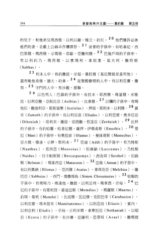 394                               基督教典外文獻          舊約篇            第五冊




的兒子，和他弟兄瑪西雅、以利以謝、雅立、約旦。 20 他們應許必休
他們的妻，並獻上公綿羊作贖罪祭。 2 1 音麥的子孫中，有哈拿尼、西
巴第雅、瑪西雅、示瑪雅、耶歇、亞撒利雅。 22 巴施戶耳的子孫中，
有以利約乃、瑪西雅、以實瑪利、拿坦業、基大利、撒特斯

(Salthas)   。

      2 3 利末人中，有約撒拔、示每、基拉雅(基拉雅就是基利他)                                 ,
還有耽他希雅、猶大、約拿。 24 在聖殿歌唱的人中，有以利亞寶、撒
刻。 25 守門的人中，有沙龍、提聯。
      2 6 以色列人:巴鋒的子孫中，有拉米、耶西雅、瑪基雅、米雅
                                            27
民、以利亞撒、亞斯比亞 (Asibias)             、比拿雅。          以攔的子孫中，有瑪

他尼、撒迦利亞、耶斯瑞樂(Jezrielus) 、押底、耶利末、以利雅。 28 薩
末 (Zamoth) 的子孫中，有以利亞達 (Eliadas )、以利亞寶、奧多尼亞

(Othoniah) 、耶利末、撒拔、亞西撒、哲達亞 (Zerdaiah)                     0   29 比拜
的子孫中，有約哈難、哈拿尼雅、薩拜、伊瑪希斯 (Emathis)                              0   30 曼
尼 (Mani) 的子孫中，有奧拉抹 (Olamus)               、曼抹哥斯 (Mamuchus)           、

亞大雅、雅述、示押、耶利末。 31 亞迪 (Addi) 的子孫中，有乃特斯
(Naathus)       、莫西亞 (Moossias)   、拉庫納 (Laccunus)             、乃杜斯

(Naidus)    、貝卡帕斯買 (Bescaspasmys)         、西舍耳 (Sesthel)          、伯納

斯 (Belnuus)      、瑪拿西亞 (Manasseas)   。
                                         32 亞南 (Annan) 的子孫中，

有以利奧納 (Elionas)        、亞西雅 (Asaias)     、麥現奇亞 (Me 1c hias)        、撒

巴亞 (Sabbaias) 、西門﹒喬撒瑪烏 (Simon Chosamaeus)             0   33 哈順的
子孫中，有瑪特乃、瑪達他、撒拔、以利法列、瑪拿西、示每。 3 4 巴
尼的子孫中，有耶利買、蒙迪亞斯 (Momdius)                    、瑪羅斯 (Maerus)           、

約耳、曼Ff (Mamdai)        、比底雅、瓦尼雅、克拉巴辛(            Carabasion )、
以利亞實、瑪米提末 (Mamitanemus)              、以利亞西 (Eliasis)          、賓內、

以利亞利 (Elialis)       、示每、示利米雅、拿單尼亞 (N ethaniah )。以昭

拉 (Ezora) 的子孫中，有沙賽、亞薩利、亞澤耳 (Azael)                            、撒瑪提
 