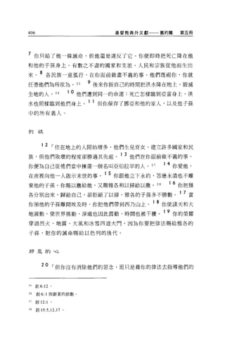406                                    基督教典外文獻一一一舊約篇       第五冊




7 你只給了他一條誡命，但他還是違反了它。你便即時把死亡降在他
和他的子孫身上。有數之不盡的國家和支派、人民和宗族從他而生出

來。 8 各民族一意孤行，在你面前做盡不義的事。他們蔑視你，你就
                               9
任憑他們為所欲為。 25                       後來你按自己的時間把洪水降在地上，毀滅

全地的人。 26                   1 0 他們遭到同一的命運:死亡怎樣臨到亞當身上，洪

水也照樣臨到他們身上。 1 1 但你保存了挪亞和他的家人，以及他子孫
中的所有義人。



歹U     才:ã.


         12 ，-住在地上的人開始增多，他們生見育女，建立許多國家和民
族，但他們敗壞的程度卻勝過其先祖。 1 3 他們在你面前做不義的事，
你便為自己從他們當中揀選一個名叫亞伯拉罕的人。 27                        1   4 你愛他，
在夜裡向他一人敢示末世的事。 1 5 你跟他立下永約，答應永遠也不離
棄他的子孫。你賜以撒給他，又賜雅各和以掃給以撤。 28                           16   你把雅
各分別出來，歸給自己，卻拒絕了以掃。雅各的子孫多不勝數。 1 7 當
你領他的子孫離開埃及時，你把他們帶到西乃山上。 1 8 你使諸天和大
地震動，使世界搖動，深處也因此震動，時間也被干擾。 1 9 你的榮耀
穿過烈火、地震、大風和冰雪四道大門，因為你要把律法賜給雅各的

子孫，把你的誡命賜給以色列的後代。



牙F 皂白勻，也



         20 ，-但你沒有消除他們的惡念，而只是藉你的律法去指導他們的


25    創 6:12 。

26    創 6: 1 與跟著的節數。

21    創 12:1   。

28    創 15:5 ， 12 ， 17 。
 