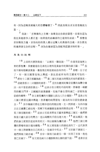 第四部分:卷十二      以斯拉下                       441




有，因為這晚我被極大的恐懼嚇壞了。 6 因此我現在求至高者賜我力
量。」

     7 我說   r 至尊貴的上主啊，如果我在你眼前蒙恩，如果你認為
我比其他很多人都正宜，如果我的祈禱真的已達到你面前            8 那麼我
求你賜我力量，求你向你的僕人揭示這驚人的異象的含義，求你使我

的魂得著完全的安慰。 9 因為你確曾認為我配得認識末時的事。」


異象的註釋




     10   上帝的天使對我說   r 以斯拉，聽我說。 1 1 你看見從海裡上
來的那隻鷹，其實就是你兄弟但以理所見異象中的第四個王國。 1 2 但
我不曾向他解說異象，像我現在和從前向你所作的。 1 3 看哪，日子近
了，有一個王國要在地上興起，是比從前所有的王國更可怕的。

14 將有十二個王相繼執政        1 5 第二個王的統治時期比所有的都要長。
16   這就是那十二只翅膀的意思。 1 7 至於你聽到的聲音從鷹的身體中傳
出，而不是從頭部發出。 1 8 這表示在王朝的中段時期，將爆發一場劇
烈的權力鬥爭，王國處於崩潰邊緣。但她不會在那時滅亡，卻要恢復

從前的權勢。 19 你又看見鷹的大翅膀上長出八只小翅膀。 20 這表示有
八個王將要在國中興起，但掌權的時間很短，統治的年日很快便會過

去。 2 1 其中兩個王將在王朝中段的時期出現，且一閃即逝。另外四個
王在王國覆亡前出現，而剩下的兩個就在最後的階段出現。 22 你又看
見三個沉睡的頭。 23 這表示至高者將在王國末期興起三個王，他們將
恢復王國大部分的勢力，並以高壓的于段治理大地           24 統治萬民。他
們的暴力更甚於從前所有的王，所以被稱為鷹的頭。 25 他們三個王將
鷹的罪孽和惡行推向極點。 26 你又看見最大的頭也消失了，這代表其
中一個王將倒斃在自己的床上，在痛苦中死去。 2 7 至於餘下兩個王，
他們將被刀劍吞滅。 28 其中一個用刀砍殺另一個，但到了末後，他也
要亡於劍下。 29 你又看見兩只小翅膀移到右側的頭下面。 30 這表示至
 