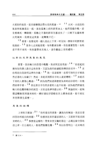 444                      基督教典外文獻一一一舊約篇    第五冊




火焰似的氣息，從舌頭爆發出帶火花的風暴 o        80   1 1 火河、火焰似的

氣息和風暴混在一起，落在猛衝上前的群眾身上。他們預備作戰，卻

全被燒死。轉眼間，那數之不盡的群眾全都消失了，只剩下灰燼和煙

火的氣味。我看見這異象，就驚歎不已。

        1   2 接著，我看見同一個人從山上下來，呼召另一群和平的群眾到
他面前。 1 3 很多人走到他那裡，有些歡喜快樂，有些憂憂愁愁;有些
是不得不來的，有些還帶來其他人，當作獻給上帝的禮物。




以斯拉*-間異象的，直是



        接著，我在極大的恐慌中甦醒，我求問至高者說       1 4 I 你從起初
便向你的僕人敢示這些奇事，又認為我的祈禱配得傳到你耳中。 1 5 求
你現在向我說明這夢的含義。 1 6 我一直這樣想:在那可怕的日子裡依
然活著的人有禍了!然而，未能活到那日子的人就更糟糕。 1 7 未能活
下來的人會傷心難過          1 8 因為他們知道甚麼是為末時而存留的，但他
們卻得不著。 1 9 但在那日子仍然活著的人也不好過，因為他們將看見
極大的危難和極多的困苦，正如這些夢所做示的。 20 無論如何，能夠
歷盡艱險而到達末時的，總好過如浮雲般在世上擦身而過，看不到在

末世將發生甚麼。」



異象的詮釋




         上帝的天便說. 2 1 I 你所看見的異象，讓我向你解說。我並且要
回答你所提出的問題。 22 你提到在末世還活著的人，又提到不能活到
宋時的人。 23 事實是這樣的:帶來末世災難的那位，必親自保守那些
信上帝、行公義的人，救他們脫離危難。 24 所以你要明白，在末時活



80    賽 11 :4。
 