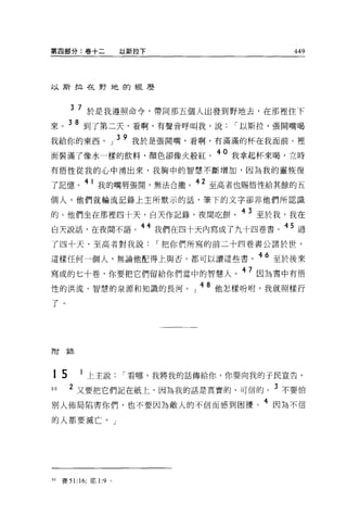 第四部分:卷十二                以斯拉下                     449



以斯拉在野地的經歷



       3 7 於是我遵照命令，帶同那五個人出發到野地去，在那裡住下

來。 38 到了第二天，看啊，有聲音呼叫我，說                  í 以斯拉，張開嘴喝
我給你的東西。」 39 我於是張開嘴，看啊，有滿滿的杯在我面前。裡
面裝滿了像水一樣的飲料，顏色卻像火般紅。
                      40 我拿起杯來喝，立時

有悟性從我的心中湧出來，我胸中的智慧不斷增加，因為我的靈 J恢復

了記憶。 41 我的嘴唇張開，無法合攏。 42 至高者也賜悟性給其餘的五
個人，他們就輪流記錄上主所默示的話，筆下的文字卻非他們所認識

的。他們坐在那裡四十天，白天作記錄，夜間吃餅。 43 至於我，我在
白天說話，在夜問不語。
                           44 我們在四十天內寫成了九十四卷書。    過

了四十天，至高者對我說                    í 把你們所寫的前二十四卷書公諸於世，

這樣任何一個人，無論他配得上與否，都可以讀這些書。 46 至於後來
寫成的七十卷，你要把它們留給你們當中的智慧人。 47 因為書中有悟
1宜的洪流、智慧的泉源和知識的長河。」 48 他怎樣吩咐，我就照樣行

了。




附誅



15        1 上主說         í 看哪，我將我的話傳給你，你要向我的于民宣告。
90     2 又要把它們記在紙上，因為我的話是真實的、可信的。 3 不要怕
別人佈局陷害你們，也不要因為敵人的不信而感到困擾。 4 因為不信
的人都要滅亡。」




00   賽 51:16; 耶 1:9 。
 