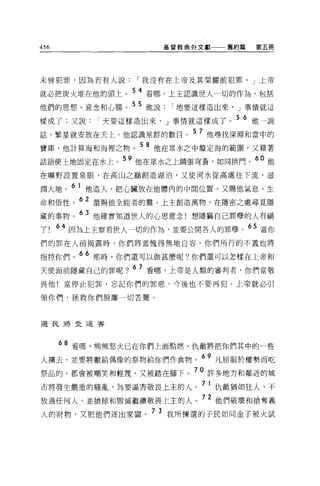 456                   基督教典外文獻一一一舊約篇    第五冊




未曾犯罪，因為若有人說       I 我沒有在上帝及其榮耀前犯罪， J 上帝

就必把炭火堆在他的頭上。 54 看哪，上主認識世人一切的作為，包括
他們的思想、意念和心腸。 5 5 他說     I 地要這樣造出來， J 事情就這
樣成了;又說      I 天要這樣造出來， J 事情就這樣成了。 5 6 他一說
話，繁星就安放在天上 O 他認識星群的數目。 5 7 他尋找深淵和當中的
寶庫，他計算海和海裡之物。
                  5 8 他在眾水之中釐定海的範圈，又藉著

話語使土地固定在水上。 59 他在眾水之上鋪張穹蒼，如同拱門。 60 他
在曠野設置泉眼，在高山之巔創造湖泊，又使河水從高處往下流，滋

潤大地。 61 他造人，把心臟放在他體內的中間位置，又賜他氣息、生
命和悟性     62 還賜他全能者的靈。上主創造萬物，在隱密之處尋覓隱
藏的事物。 63 他確實知道世人的心思意念!想隱瞞自己罪辜的人有禍
了     64 因為上主察看世人一切的作為，並要公開各人的罪孽。 65 當你
們的罪在人前揭露時，你們將羞愧得無地自容。你們所行的不義也將

指控你們。 66 那時，你們還可以做甚麼呢?你們還可以怎樣在上帝和
天使面前隱藏自己的罪呢? 67 看哪，上帝是人類的審判者，你們當敬
畏他!當停止犯罪，忘記你們的罪惡，今後也不要再犯。上帝就必引

領你們，拯救你們脫離一切苦難。



選民將支逼害




      68 看哪，熊熊怒火已在你們上面點燃，仇敵將把你們其中的一些
人墉去，並要將獻給偶像的祭物給你們作食物。
                             69   凡屈服於權勢而吃

祭品的，都會被嘲笑和輕蔑，又被踏在腳下。 70 許多地方和鄰近的城
市將發生嚴重的騷亂，為要遇害故畏上主的人。 71 仇敵猶如狂人，不
            一

放過任何人，並搶掠和毀滅繼續敬畏上主的人。 72 他們破壞和搶奪義
人的財物，又把他們逐出家園。 7 3 我所揀選的子民如同金子被火試
 