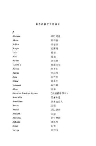 第五冊其中對照條目



A
Abataza                         亞巴塔扎

                                亞布倫
Abron
Achior                          亞基奧

                                亞庫博
Acuph
Ada                             愛達

Addi                            亞迪


Addus                           亞杜斯

, Adiba'a                       愛迪巴亞

Adoran                          亞多仁

Aesora                          亞蘇拉

                                亞吉亞
Agia
Ahikar                          阿希 3日

'Ahuzzat                        亞戶撒

Allon                           亞勞

American    St側向 rd   Version   〈美國標準譯本〉

Aminadab                        亞米拿達

Ammidians                       亞米迪安人

Annan                           亞南


Annias                          亞尼亞斯

Anniuth                         安紐

Annunus                         亞努努斯

Apherra                         阿弗拉

Ardat                           亞達


, Aresa                         亞利沙
 