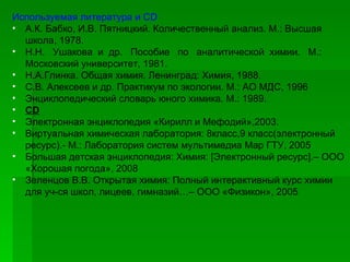 Используемая литература и С D А.К. Бабко, И.В. Пятницкий. Количественный анализ. М.: Высшая школа, 1978. Н.Н.  Ушакова  и  др.  Пособие  по  аналитической  химии.  М.: Московский университет, 1981. Н.А.Глинка. Общая химия. Ленинград: Химия, 1988. С.В. Алексеев и др. Практикум по экологии. М.: АО МДС, 1996 Энциклопедический словарь юного химика. М.: 1989. CD Электронная энциклопедия «Кирилл и Мефодий»,2003. Виртуальная химическая лаборатория: 8класс,9 класс(электронный ресурс).- М.: Лаборатория систем мультимедиа Мар ГТУ, 2005 Большая детская энциклопедия: Химия: [Электронный ресурс].– ООО «Хорошая погода», 2008 Зеленцов В.В. Открытая химия: Полный интерактивный курс химии для уч-ся школ, лицеев, гимназий…– ООО «Физикон», 2005 