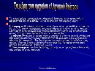 Τα κύρια μέρη του αρχαίου ελληνικού θεάτρου ήταν η  σκηνή , η  ορχήστρα  και το  κοίλον , με τα ακόλουθα επιμέρους μέρη: Η  σκηνή : ορθογώνιο, μακρόστενο κτήριο, που προστέθηκε κατά τον 5ο αι. π.Χ. στην περιφέρεια της ορχήστρας απέναντι από το κοίλον. Στην αρχή ήταν ισόγεια και χρησιμοποιούταν μόνο ως αποδυτήρια, όπως τα σημερινά παρασκήνια και τα καμαρίνια. Το  προσκήνιο : μια στοά με κίονες μπροστά από τη σκηνή. Ανάμεσα στα διαστήματα των κιόνων βρίσκονταν θυρώματα και ζωγραφικοί πίνακες (τα σκηνικά). Τα θυρώματα του προσκηνίου απέδιδαν τρεις πύλες, από τις οποίες έβγαιναν οι υποκριτές. Το προσκήνιο ήταν αρχικά πτυσσόμενο, πιθανώς ξύλινο. Τα  παρασκήνια : τα δύο άκρα της σκηνής που προεξέχουν δίνοντάς της σχήμα Π στην κάτοψη. Τα μέρη του αρχαίου ελληνικού θεάτρου 