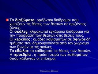Τα  διαζώματα : οριζόντιοι διάδρομοι που χωρίζουν τις θέσεις των θεατών σε οριζόντιες ζώνες. Οι  σκάλες : κλιμακωτοί εγκάρσιοι διάδρομοι για την πρόσβαση των θεατών στις θέσεις τους. Οι  κερκίδες  : ομάδες καθισμάτων σε σφηνοειδή τμήματα που δημιουργούνται από τον χωρισμό των ζωνών με τις σκάλες. Τα  εδώλια : τα καθίσματα, οι θέσεις των θεατών. Η  προεδρία  : η πρώτη σειρά των καθισμάτων όπου κάθονταν οι επίσημοι.  