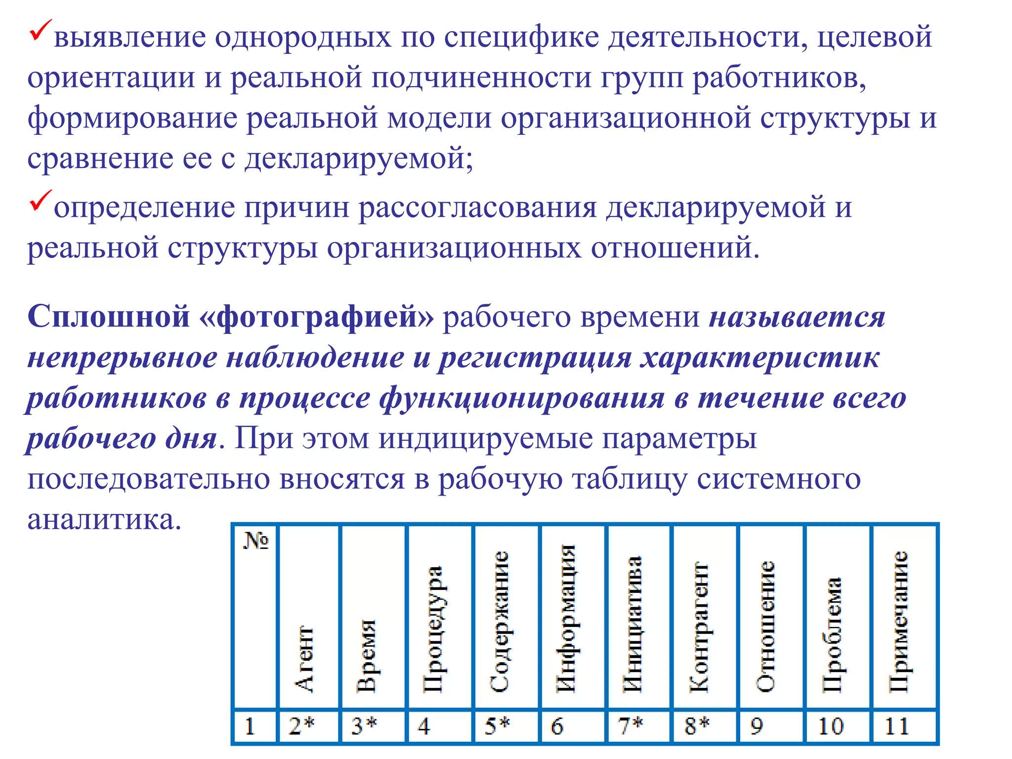 выявление однородных по специфике деятельности, целевой ориентации и реальной подчиненности групп работников, формирование реальной модели организационной структуры и сравнение ее с декларируемой; определение причин рассогласования декларируемой и реальной структуры организационных отношений. Сплошной «фотографией»  рабочего времени  называется непрерывное наблюдение и регистрация характеристик работников в процессе функционирования в течение всего рабочего дня . При этом индицируемые параметры последовательно вносятся в рабочую таблицу системного аналитика. 