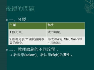    一、分裂：
    主題               解決

    1.假先知。           武力鎮壓。

    2.族群分裂/帝國統治與教    形成Khatiji, Shii, Sunni等
    義的衝突。            不同派別。

   二、教理教義的不同詮釋：
       教義學(kalam)、教法學(fiqh)的產生。
 