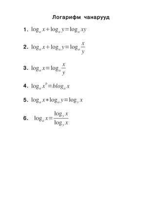         Логарифм чанарууд

1. log a xlog a y=log a xy

                           x
2. log a xlog a y=log a
                           y

                 x
3. log a x=log a
                 y
         b
4. log a x =blog a x

5. log a x∗log a y=log y x

            log y x
6. log a x=
            log y x
 