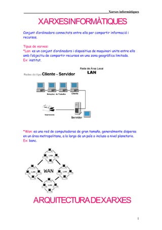 ____________________________________________________Xarxes informàtiques


          XARXESINFORMÀTIQUES
Conjunt d’ordinadors connectats entre ells per compartir informació i
recursos.

Tipus de xarxes:
*Lan: es un conjunt d’ordinadors i dispositius de maquinari units entre ells
amb l’objectiu de compartir recursos en una zona geogràfica limitada.
Ex: institut.




*Wan: es una red de computadoras de gran tamaño, generalmente dispersa
en un área metropolitana, a lo largo de un país o incluso a nivel planetario.
Ex: banc.




      ARQUITECTURA DEXARXES

                                                                                1
 