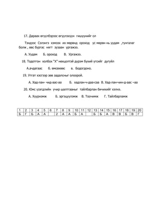                                    Нийгмийн  ухаан  5-р анги                  багш Мөнхтуяа<br />1. Эвлэвэл бүтнэ       Ховловол  яана нэдэг вэ?<br />         А. Уурлана        Б. гуниглана         В.гутна.<br />2. Ахмад хүнээс урьтаж ууж идэхийг  цээрлэнэ.<br />       А. Хүндлэх ёсонд      Б.Цээрлэх ёсонд         В. Мэндлэх ёсонд<br /> 3.Угийн бичигт  эрэгтэй хүнийг  ямар дүрсээр тэмдэглэдэг вэ?<br />    А..  Б.                В.<br />  4..Хүүхдийн  хөдөлмөрийн тэвчишгүй хэлбэрийг  хориглох тухай конвенцид     Монгол улс хэдэн онд нэгдэн  орсон бэ?<br />        А.1990        Б.   1989         В. 1980         Г. 2000<br />   5. Монголын үндэсний баярыг нэрлэнэ үү?<br />         А. Шинэ жил          Б. Наадам      В.Эмэгтэйчүүдийн баяр<br />    6. Ясан төрөл гэж хэний талын төрөл саданг хэлэх вэ?<br />          А. Аавын           Б. ээжийн  <br />    7. Цусан төрөл гэж хэний талын төрөл саданг хэлэх вэ?<br />          А. Аавын           Б. ээжийн       В. өвөөгийн<br />     8. Наурызын баяр хэдэн сард болдог вэ?<br />        А. 3сард     Б. 2 сард     В. 5 сард<br />.    9.Зохиолч Л. Түдэв хаана  төрсөн бэ?<br />        А. Говь-Алтай       Б.Ховд         В. Булган         <br />10. Хүүхэд бүр гэр бүлдээ аз жаргалтай эрүүл энх өсөн хүмүүжих эрхтэй гэж юунд заасан байдаг вэ?<br />        А.Үндсэн хуульд          Б.Хүүхдийн эрхийг хамгаалах  тухай хууль<br />11.Их Монгол улсыг үндэслэн байгуулагч түүхэн хүн<br />      А.Чингис                Б. Сүхбаатар     В.Чойбалсан<br />            12.  Манай улсад хуулийг хэн баталдаг вэ?<br />       А. Ерөнхийлөгч          Б. засгийн газар       В.  ард түмэн       Г. УИХ<br />  Монголчууд ямар соёл иргэншилтэй ард түмэн  бэ?