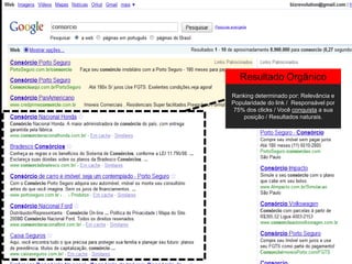 Resultado OrgânicoRanking determinado por: Relevância e Popularidade do link /  Responsável por 75% dos clicks / Você conquista a sua posição / Resultados naturais.