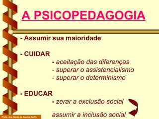 - Assumir sua maioridade - CUIDAR  -  aceitação das diferenças   - superar o assistencialismo   - superar o determinismo - EDUCAR -  zerar a exclusão social   assumir a inclusão social A PSICOPEDAGOGIA Profa. dra. Neide de Aquino Noffs 