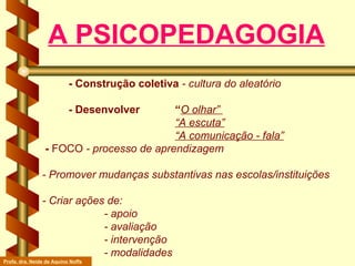 - Construção coletiva  - cultura do aleatório - Desenvolver  “ O olhar”  “A escuta” “A comunicação - fala”   -  FOCO  - processo de aprendizagem     - Promover mudanças substantivas nas escolas/instituições   - Criar ações de: - apoio  - avaliação - intervenção  - modalidades  A PSICOPEDAGOGIA Profa. dra. Neide de Aquino Noffs 