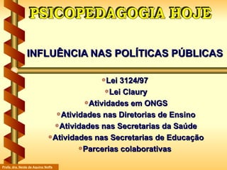 INFLUÊNCIA NAS POLÍTICAS PÚBLICAS Lei 3124/97  Lei Claury Atividades em ONGS Atividades nas Diretorias de Ensino Atividades nas Secretarias da Saúde Atividades nas Secretarias de Educação Parcerias colaborativas  PSICOPEDAGOGIA HOJE Profa. dra. Neide de Aquino Noffs 