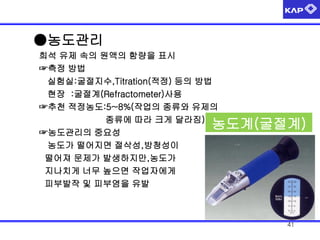 ●농도관리
희석 유제 속의 원액의 함량을 표시
☞측정 방법
실험실:굴절지수,Titration(적정) 등의 방법
현장 :굴절계(Refractometer)사용
☞추천 적정농도:5~8%(작업의 종류와 유제의
종류에 따라 크게 달라짐)
☞농도관리의 중요성
농도가 떨어지면 절삭성,방청성이
떨어져 문제가 발생하지만,농도가
지나치게 너무 높으면 작업자에게
피부발작 및 피부염을 유발

농도계(굴절계)

41

 