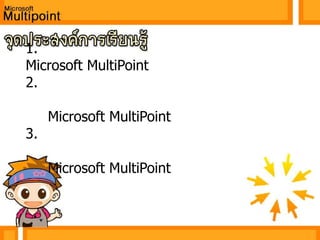 1.  สามารถติดตั้งอุปกรณ์สำหรับใช้โปรแกรม Microsoft MultiPoint ได้2.  สามารถปฏิบัติการติดตั้งโปรแกรมสนับสนุนและโปรแกรม      Microsoft MultiPoint ได้3.  สามารถสร้างบทเรียนโปรแกรมแบบมัลติพอยท์ โดยใช้โปรแกรม      Microsoft MultiPoint