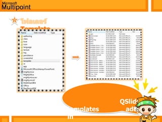 รายละเอียดโฟลเดอร์ในMicrosoft Multipoint Files & Foldersclass: ใส่รายชื่อนักเรียนในแต่ละชั้นเรียนในรูปแบบ xml file เพียงชุดเดียวlang: เลือกภาษาตามเหมาะสมlectures: เก็บไฟล์พาวเวอร์พอยท์ของครูไว้ในนี้ui: ปล่อยเนื้อหาส่วนนี้ไว้ครับauthoring: Microsoft Office PowerPoint add-ins                                                              (สำหรับเวอร์ชั่น 2003 และ 2007)	icons: สำหรับไอคอนนักเรียนหรือไอคอนอื่นๆtemplate: เท็มเพลต QSlide templates ใช้โดย add-in		mightymice.config: สำหรับการตั้งค่าอื่นๆ