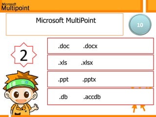 แบบทดสอบก่อนเรียน10โปรแกรม Microsoft MultiPoint สามารถอ่านไฟล์ประเภทใด (การนำไปใช้)ก.  .doc และ .docx 2ข.  .xls และ .xlsxค.  .ppt และ .pptxง.   .db  และ .accdb