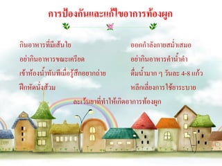 การป้องกันและแก้ไขอาการท้องผูก

กินอาหารที่มีเส้นใย                        ออกกาลังกายสม่าเสมอ
อย่ากินอาหารขณะเครียด                      อย่ากินอาหารคาน้าคา
เข้าห้องน้าทันทีเมื่อรู้สึกอยากถ่าย        ดื่มน้ามาก ๆ วันละ 4-8 แก้ว
ฝึกหัดนั่งส้วม                             หลีกเลี่ยงการใช้ยาระบาย
                      ละเว้นยาที่ทาให้เกิดอาการท้องผูก
 