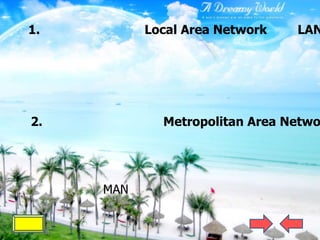 1.         Local Area Network   LAN




2.           Metropolitan Area Netwo




     MAN
 