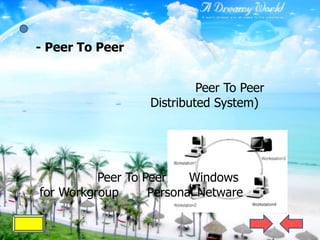 - Peer To Peer


                            Peer To Peer
                   Distributed System)




          Peer To Peer    Windows
for Workgroup      Personal Netware
 