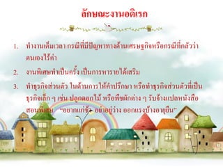 ลักษณะงานอดิเรก

1. ทางานเต็มเวลา กรณีที่มีปัญหาทางด้านเศรษฐกิจหรือกรณีที่กลัวว่า
   ตนเองไร้ค่า
2. งานพิเศษทาเป็นครั้ง เป็นการหารายได้เสริม
3. ทาธุรกิจส่วนตัว ในด้านการให้คาปรึกษา หรือทาธุรกิจส่วนตัวที่เป็น
   ธุรกิจเล็ก ๆ เช่น ปลูกดอกไม้ หรือพืชผักต่าง ๆ รับจ้างแปลหนังสือ
   สอนพิเศษ “อยากแก่ช้า อย่าอยู่ว่าง ออกแรงบ้างอายุยืน”
 