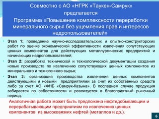 Этап 1:  проведение научно-исследовательских и опытно-конструкторских работ по оценке экономической эффективности извлечения сопутствующих ценных компонентов для действующих металлургических предприятий и начинающих недропользователей; Этап 2:  разработка технической и технологической документации создания новых производств по извлечению сопутствующих ценных компонентов из минерального и техногенного сырья; Этап 3:  организация производства извлечения ценных компонентов действующими и новыми  предприятиями за счет их собственных средств либо за счет АО «ФНБ «Самрук-Казына». В последнем случае продукция забирается по себестоимости и реализуется в благоприятный рыночный период.  Совместно с АО «НГРК «Таукен-Самрук» предлагается Программа «Повышение комплексности переработки минерального сырья без ущемления прав и интересов недропользователей»  Аналогичная работа может быть предложена нефтедобывающим и перерабатывающим предприятиям по извлечению ценных компонентов  из высоковязких нефтей (металлов и др.).  