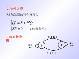 2. 特性方程 3. 状态转换图 0 1 S=1  R=0 S=0  R=1 S=0  R=× S=× R=0 ( 约束条件 )  RS 触发器的特性方程为 