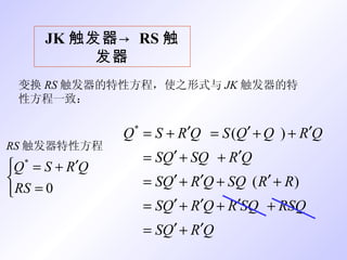 JK 触发器-> RS 触发器 RS 触发器特性方程 变换 RS 触发器的特性方程，使之形式与 JK 触发器的特性方程一致： 