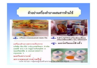 ตัวอยางเครื่องสําอางผสมสารหามใช




รายวิชา 4071601 การคุมครองผูบริโภคดานสาธารณสุข โดย อ.รัชชานันท ศรีสุภักดิ์   33
 