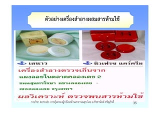 ตัวอยางเครื่องสําอางผสมสารหามใช




รายวิชา 4071601 การคุมครองผูบริโภคดานสาธารณสุข โดย อ.รัชชานันท ศรีสุภักดิ์   35
 