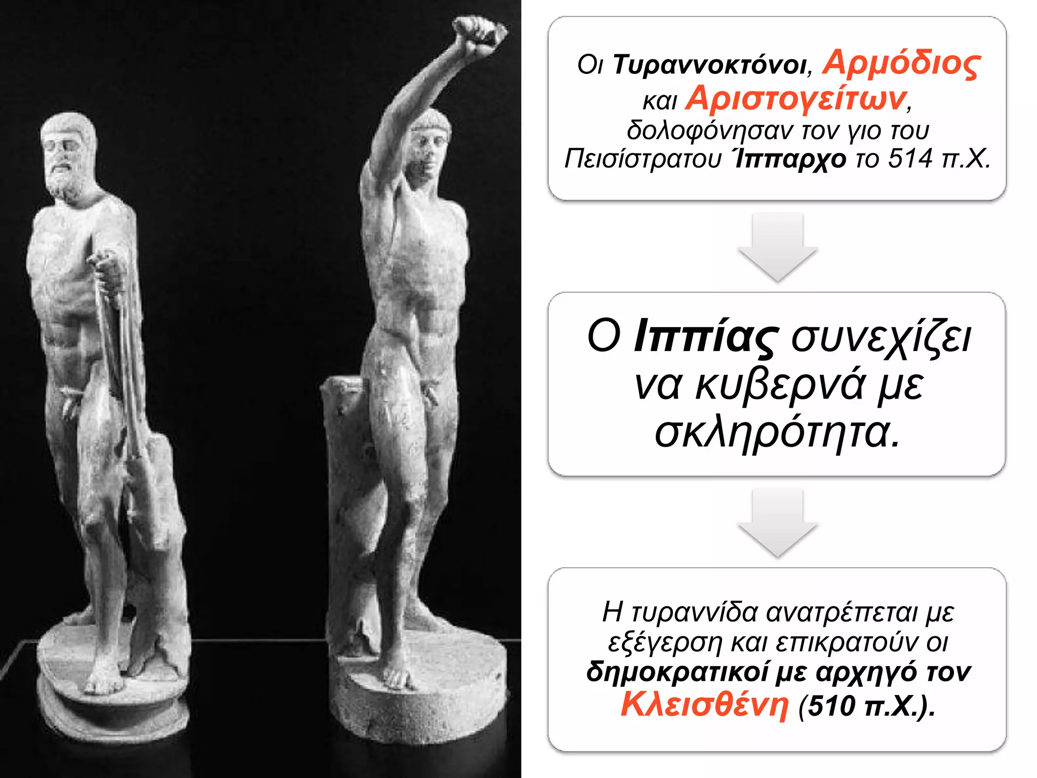 Τυραννοκτόνοι,
Αρμόδιος και
Αριστογείτων:
δολοφόνησαν τον γιο του
Πεισίστρατου Ίππαρχο το
514 π.Χ.
Ο Ιππίας συνεχίζει να
κυβερνά με σκληρότητα.
Η τυραννίδα ανατρέπεται
με εξέγερση και
επικρατούν οι
δημοκρατικοί με
αρχηγό τον Κλεισθένη
(510 π.Χ.).
 