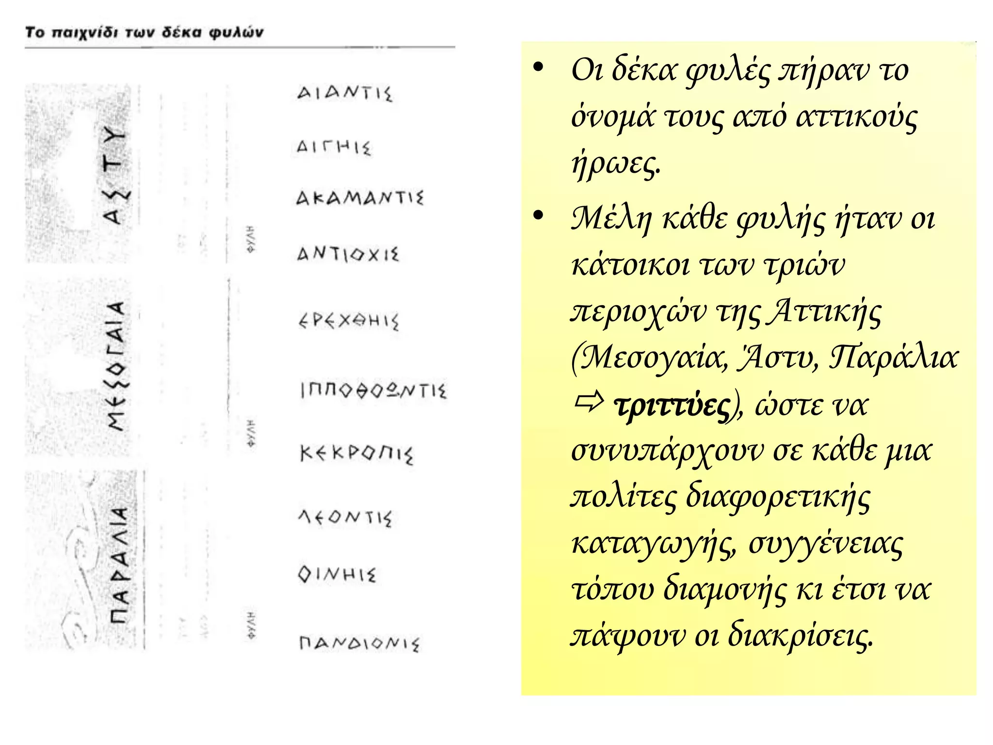  Οι δέκα φυλές πήραν το
όνομά τους από αττικούς
ήρωες.
 Μέλη κάθε φυλής ήταν οι
κάτοικοι των τριών
περιοχών της Αττικής
(Μεσογαία, Άστυ, Παράλια
 τριττύες), ώστε να
συνυπάρχουν σε κάθε μια
πολίτες διαφορετικής
καταγωγής, συγγένειας
τόπου διαμονής κι έτσι να
πάψουν οι διακρίσεις.
 