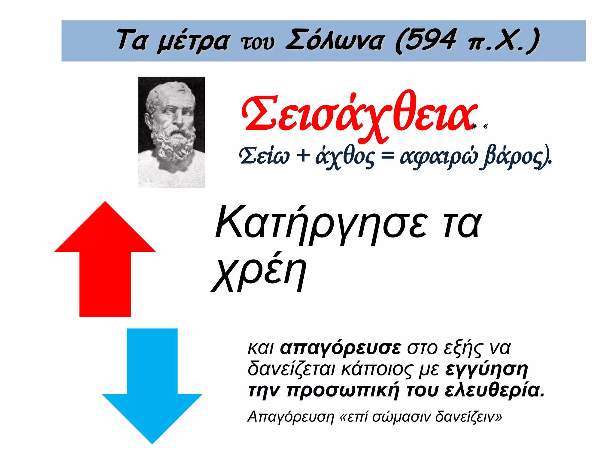 Τα μέτρα του Σόλωνα (594 π.Χ.)
Κατήργησε τα χρέη
και απαγόρευσε στο εξής να
δανείζεται κάποιος με εγγύηση
την προσωπική του ελευθερία.
Απαγόρευση «επί σώμασιν δανείζειν»
Σεισάχθεια» «
Σείω + άχθος = αφαιρώ βάρος).
 