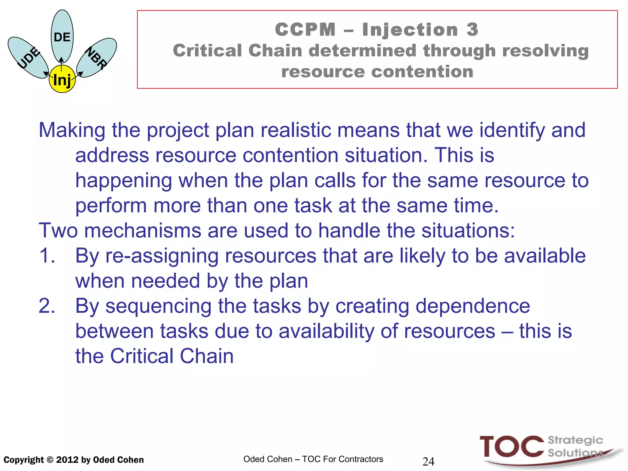 DE                          CCPM – Injection 3
            E                    Critical Chain determined through resolving
                      N
        D

                      B
    U
                                             resource contention
                      R
                Inj


            Making the project plan realistic means that we identify and
               address resource contention situation. This is
               happening when the plan calls for the same resource to
               perform more than one task at the same time.
            Two mechanisms are used to handle the situations:
            1. By re-assigning resources that are likely to be available
               when needed by the plan
            2. By sequencing the tasks by creating dependence
               between tasks due to availability of resources – this is
               the Critical Chain



Copyright © 2012 by Oded Cohen          Oded Cohen – TOC For Contractors   24
 
