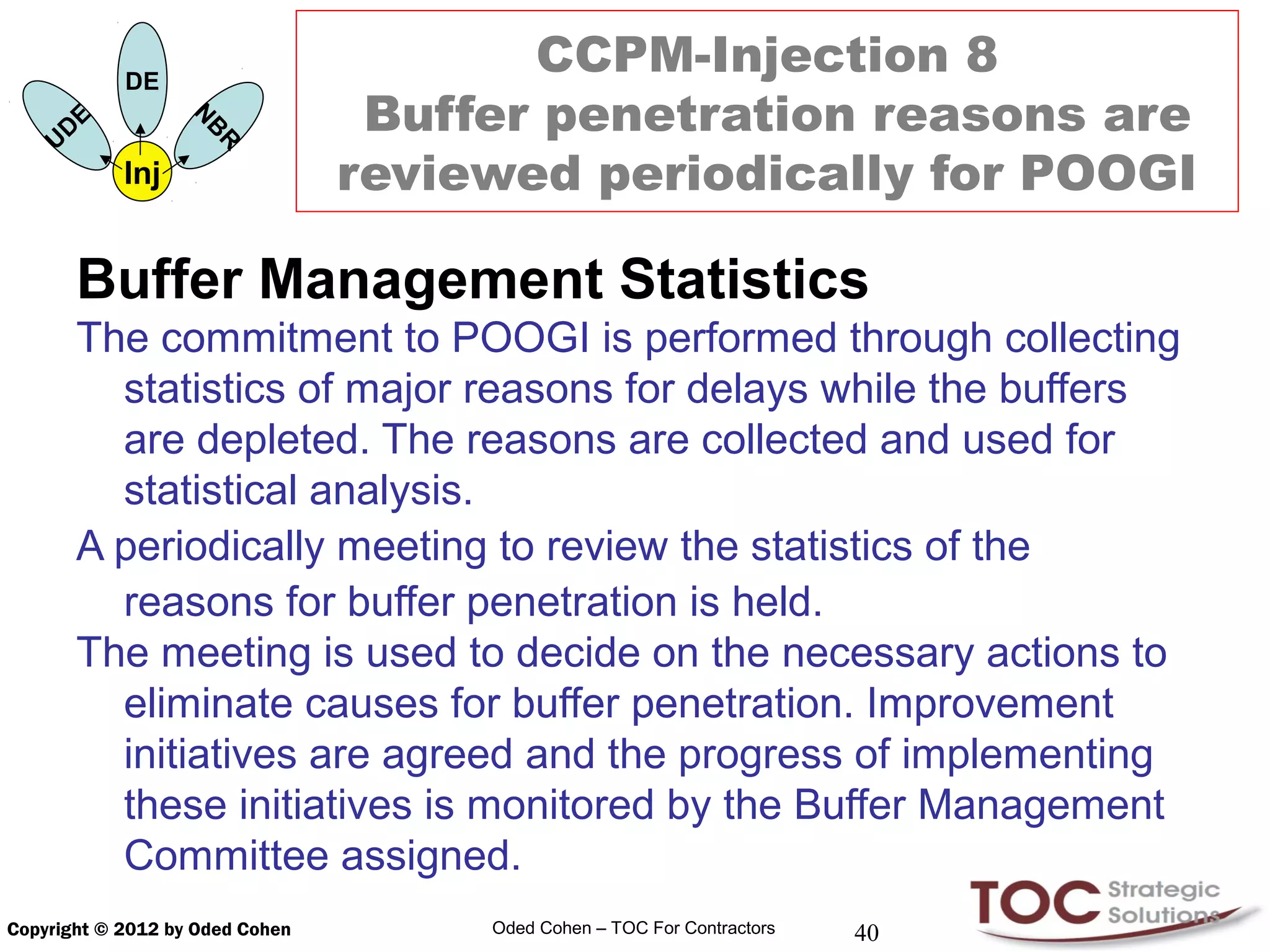 DE
                                        CCPM-Injection 8
             E                    Buffer penetration reasons are
                       N
         D

                       B
     U
                                 reviewed periodically for POOGI
                       R
                 Inj


         Buffer Management Statistics
         The commitment to POOGI is performed through collecting
           statistics of major reasons for delays while the buffers
           are depleted. The reasons are collected and used for
           statistical analysis.
         A periodically meeting to review the statistics of the
           reasons for buffer penetration is held.
         The meeting is used to decide on the necessary actions to
           eliminate causes for buffer penetration. Improvement
           initiatives are agreed and the progress of implementing
           these initiatives is monitored by the Buffer Management
           Committee assigned.
Copyright © 2012 by Oded Cohen        Oded Cohen – TOC For Contractors   40
 