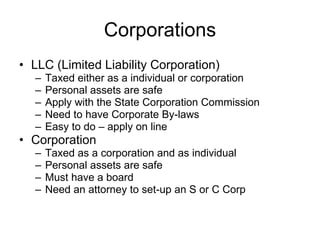 Corporations LLC (Limited Liability Corporation) Taxed either as a individual or corporation Personal assets are safe Apply with the State Corporation Commission Need to have Corporate By-laws Easy to do – apply on line Corporation Taxed as a corporation and as individual Personal assets are safe Must have a board Need an attorney to set-up an S or C Corp 
