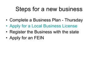 Steps for a new business Complete a Business Plan - Thursday Apply for a Local Business License Register the Business with the state Apply for an FEIN 