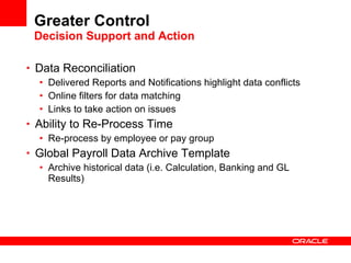 Greater Control Decision Support and Action Data Reconciliation Delivered Reports and Notifications highlight data conflicts  Online filters for data matching Links to take action on issues Ability to Re-Process Time  Re-process by employee or pay group Global Payroll Data Archive Template Archive historical data (i.e. Calculation, Banking and GL Results) 