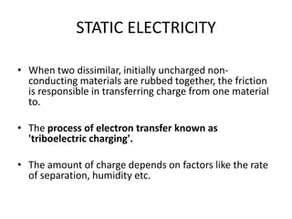 STATIC ELECTRICITY

• When two dissimilar, initially uncharged non-
  conducting materials are rubbed together, the friction
  is responsible in transferring charge from one material
  to.

• The process of electron transfer known as
  'triboelectric charging'.

• The amount of charge depends on factors like the rate
  of separation, humidity etc.
 